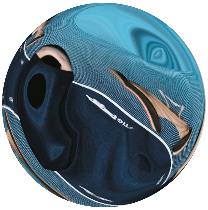 Une image circulaire déformée, aux couleurs bleues et beiges, représentant du texte déformé et des formes