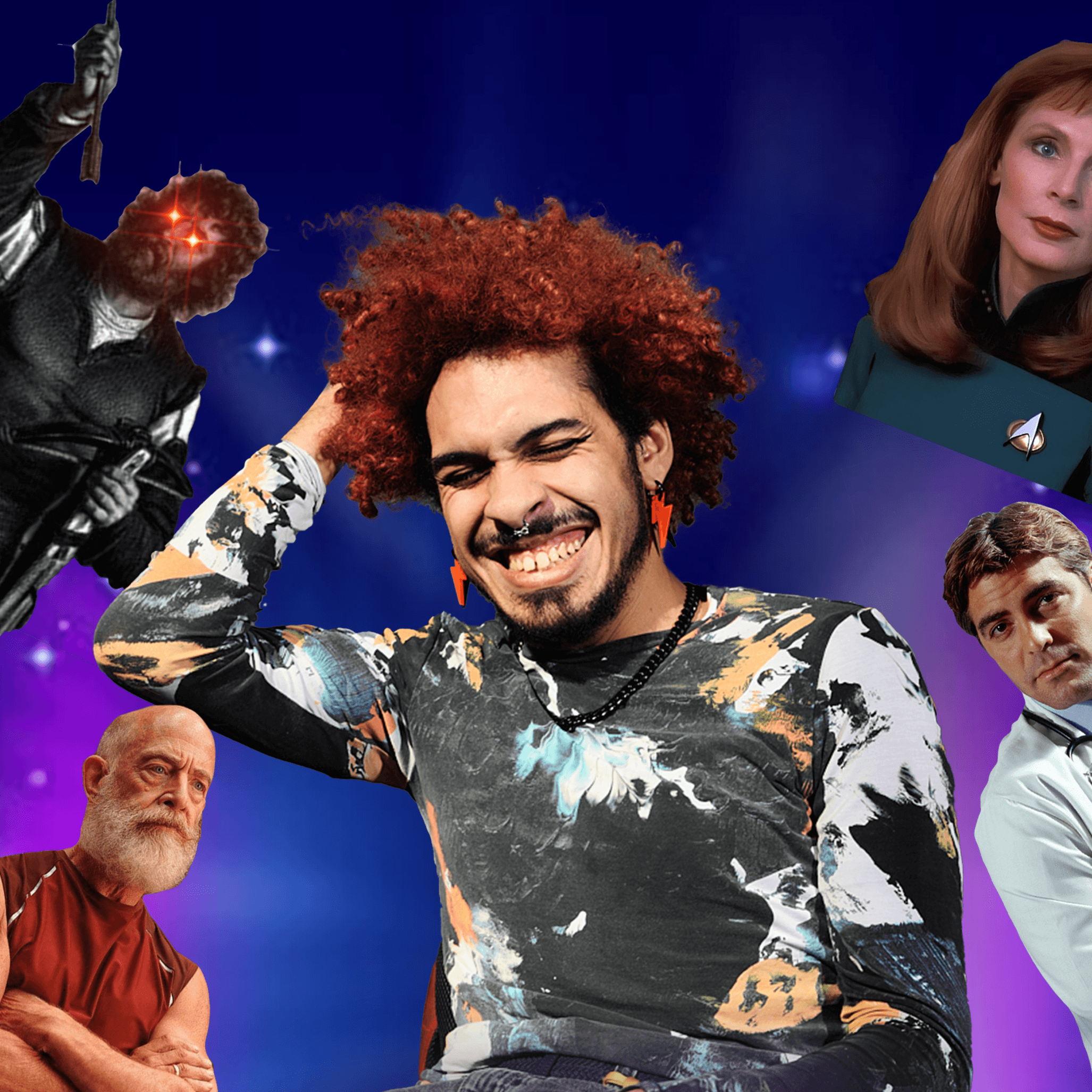 Une personne souriante aux cheveux roux bouclés est centrée, entourée de quatre personnages : un homme barbu en rouge, un personnage fantastique aux yeux brillants et deux personnes en uniforme de science-fiction, sur un fond violet.