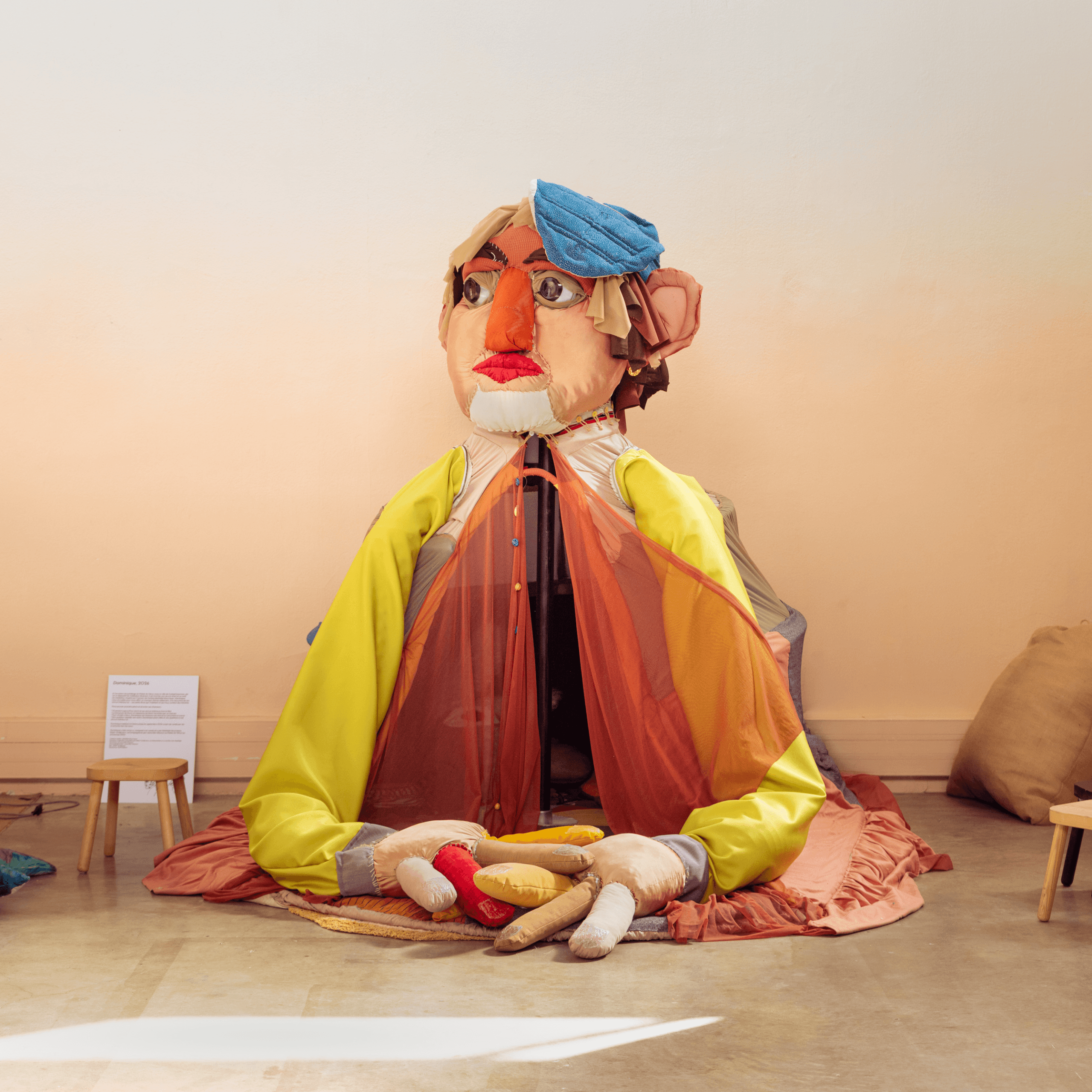 Grande sculpture en tissu aux couleurs vives représentant un personnage humain assis, aux traits du visage exagérés et aux mains surdimensionnées, exposée à l'intérieur sur un parquet clair, près d'un mur où se trouvent des chaises et une pancarte.