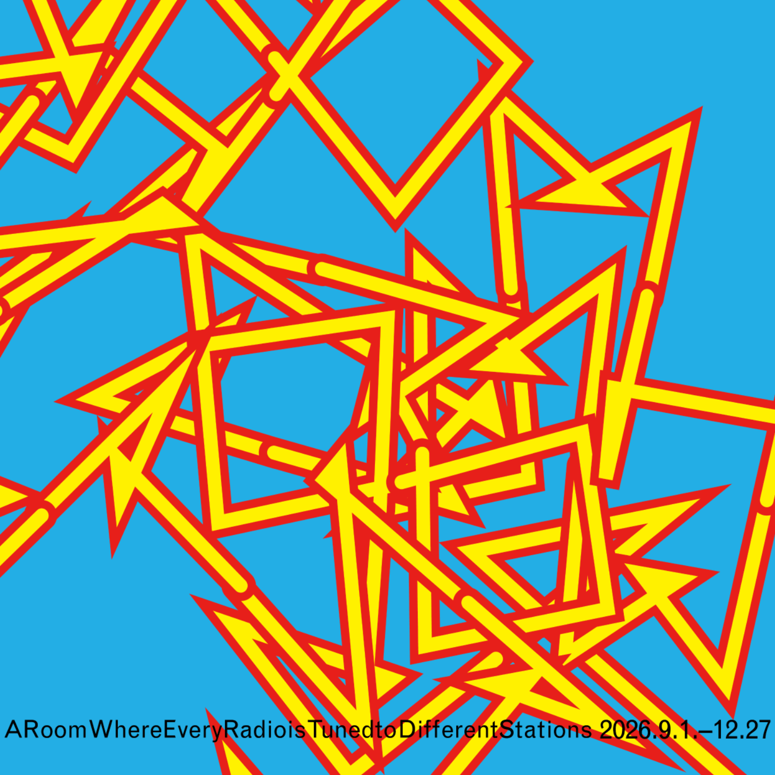 Motif géométrique abstrait composé d'étoiles et de carrés aux contours jaunes et rouges qui se chevauchent sur un fond bleu, avec un texte en noir sur le bord inférieur.