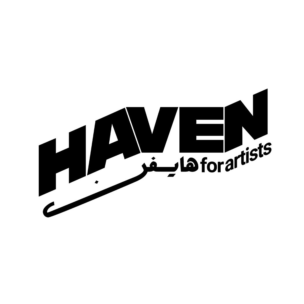 Logo for Haven for Artists featuring the word HAVEN in large, bold, slanted capital letters over the English words for artists and its Arabic translation.